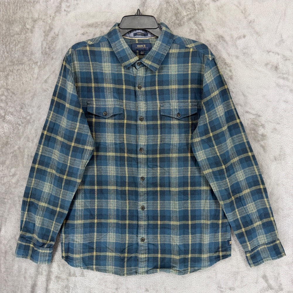Roark‎ Revival Mens Blue Yellow Plaid Flannel Shirt Classic Fit Cotton Large
